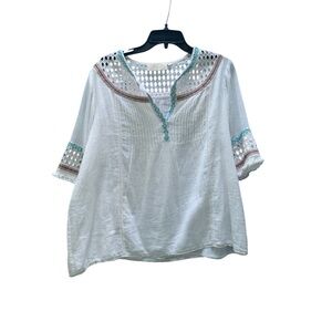 Love Sam Women’s Abigail White Turquoise Embroidered Beaded Tunic Top Blouse L